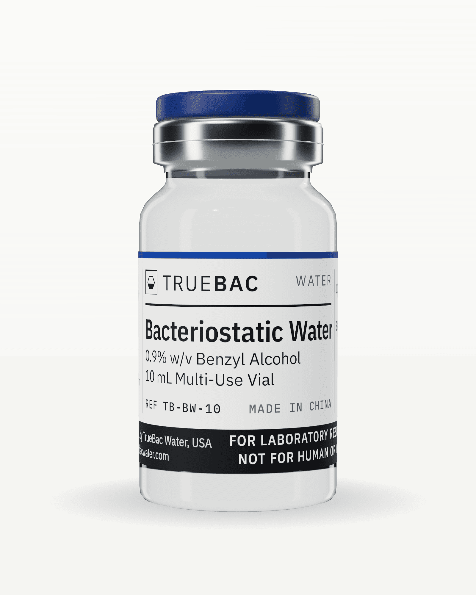 TrueBac Water 10 mL bacteriostatic water vial with navy flip-off cap and white label